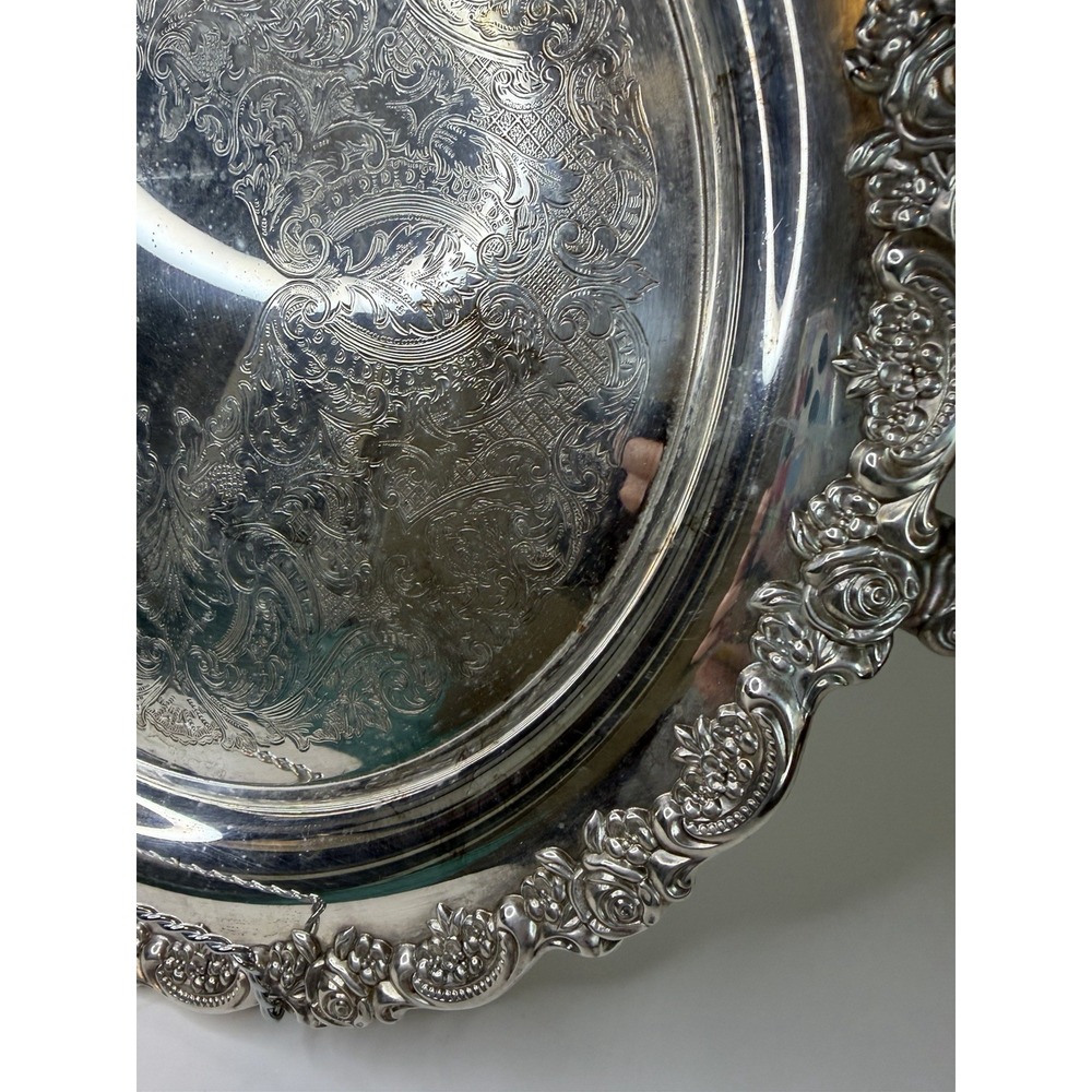 Vintage XL Silver Plate Serving Platter Tray Rose Designs Engraved 15x20 Big - Picture 3 of 7